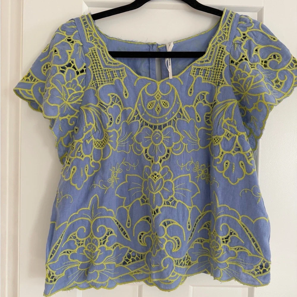 Anthropologie Embroidered Scallop Hem Flutter Sleeve Top - Light Blue/Green - Picture 3 of 3